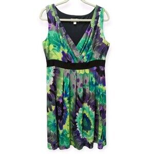 DRESSBARN Floral Dress Green Purple Flowers Tropical Vacation Stretch 14 W 14W